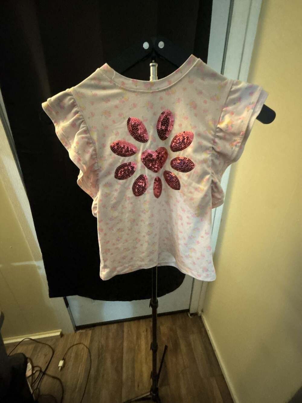 Young Hearts Pink Floral Flutter Sleeve T-Shirt with Sequin Flower and Heart Siz